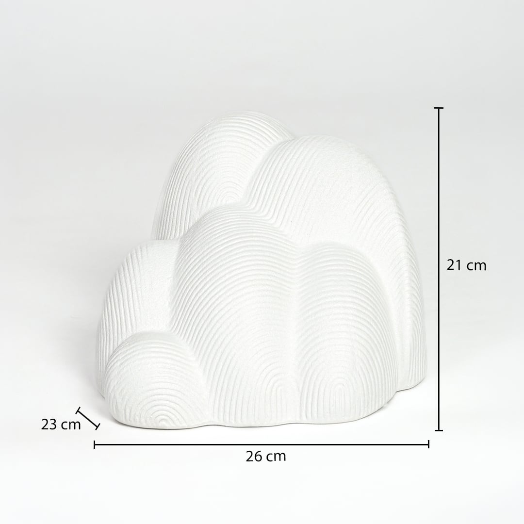 White ceramic abstract sculpture 21 cm height 26 cm width ideal for shelf and tabletop decor placement.