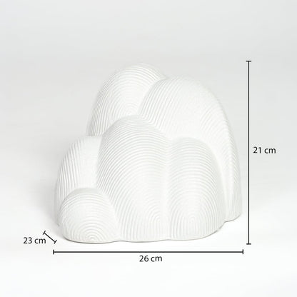 White ceramic abstract sculpture 21 cm height 26 cm width ideal for shelf and tabletop decor placement.