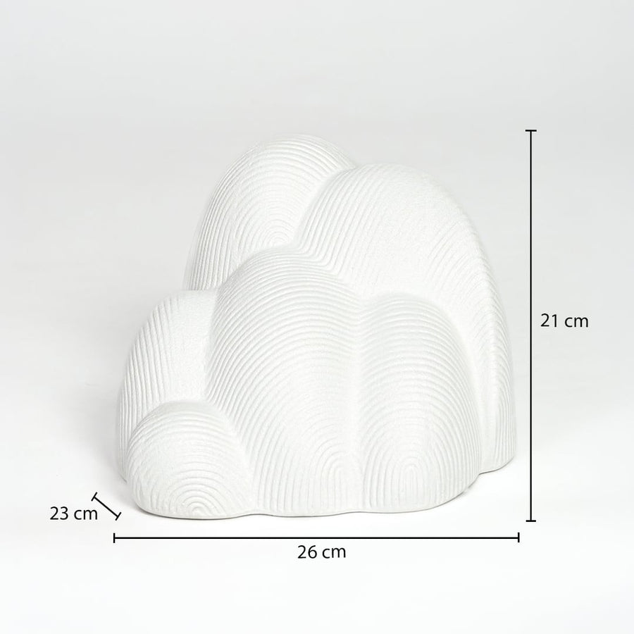 White ceramic abstract sculpture 21 cm height 26 cm width ideal for shelf and tabletop decor placement.