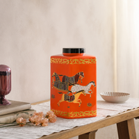 Lifestyle image of large coral with lid jar for elegant living room decor styling and modern home interior decoration.