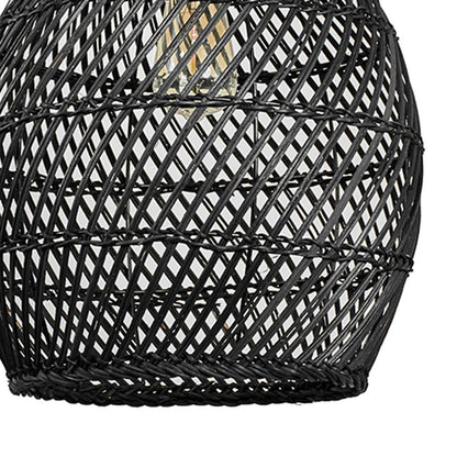 Closeup of black rattan pendant light highlighting the intricate weaving texture and premium hand-crafted detailing of the shade.