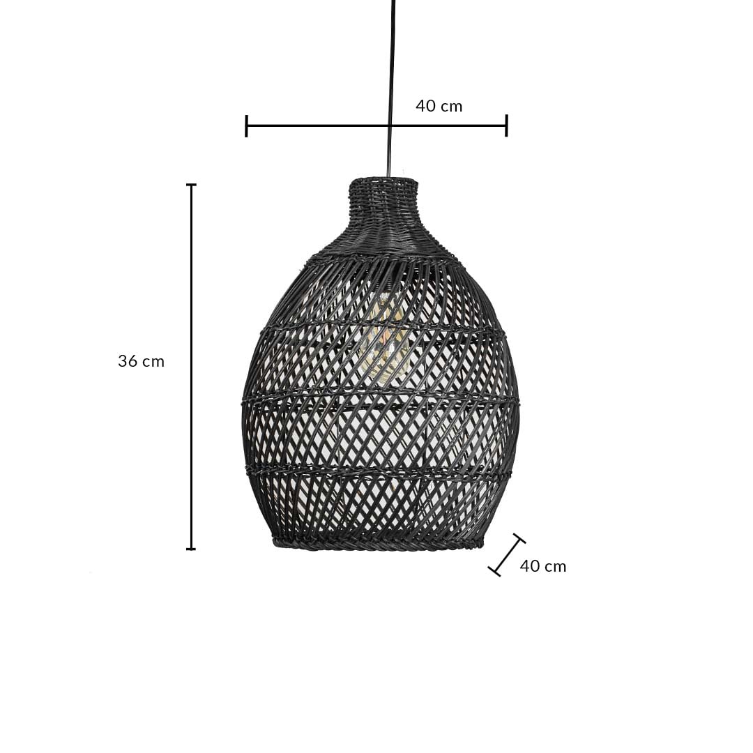 Black rattan pendant light dimension image showing 36 cm height and 40 cm width ideal for dining or living room decor.