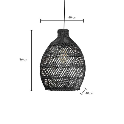 Black rattan pendant light dimension image showing 36 cm height and 40 cm width ideal for dining or living room decor.