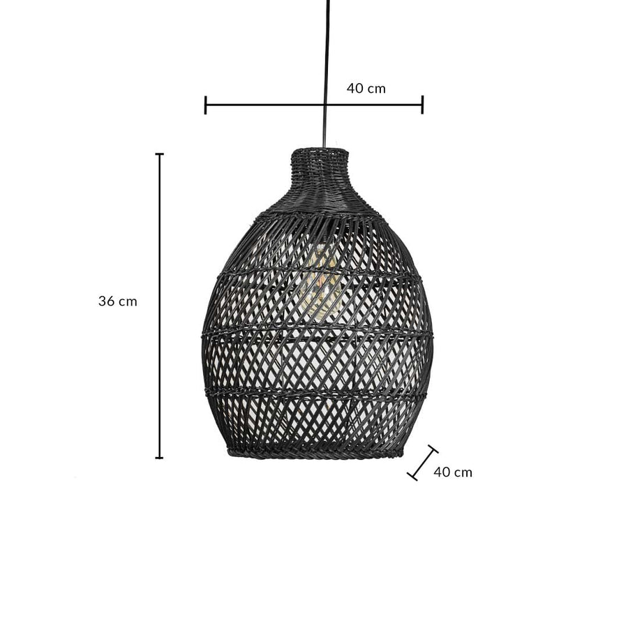 Black rattan pendant light dimension image showing 36 cm height and 40 cm width ideal for dining or living room decor.
