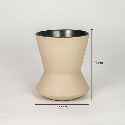 Beige ceramic flower vase size 35 cm height 23 cm width modern decorative vase for table console shelf styling.