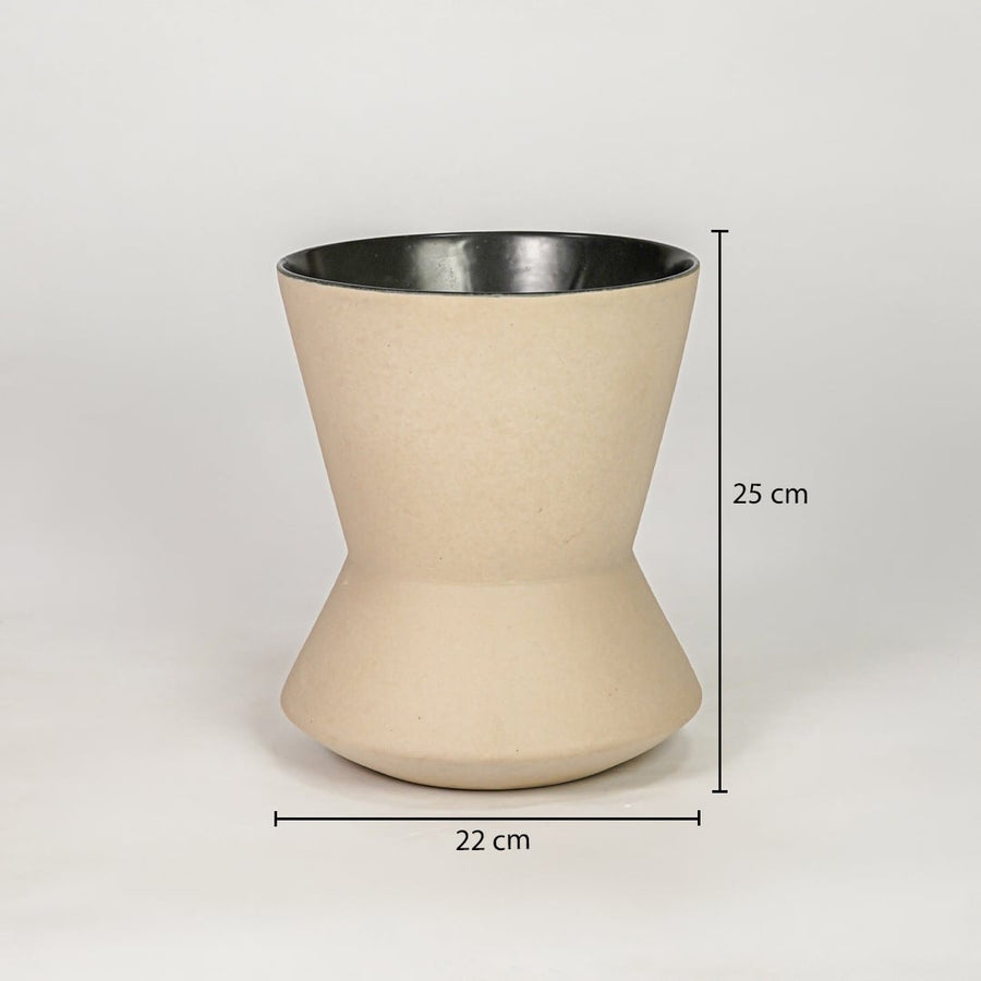 Beige ceramic flower vase size 35 cm height 23 cm width modern decorative vase for table console shelf styling.