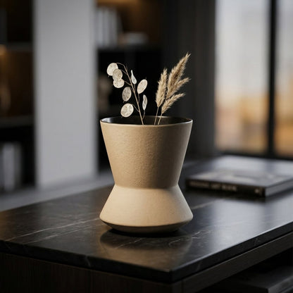 Beige ceramic flower vase placed on modern table decorative vase for living room shelf console home decor styling.