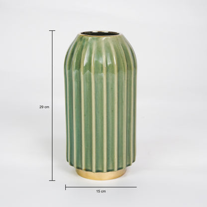 Dimension image of green gold ceramic vase for elegant tabletop decor styling highlighting modern smooth decorative finish.