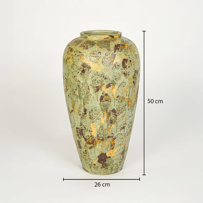 Dimension image of green ceramic floor vase for elegant interior decor styling with textured artistic finish.