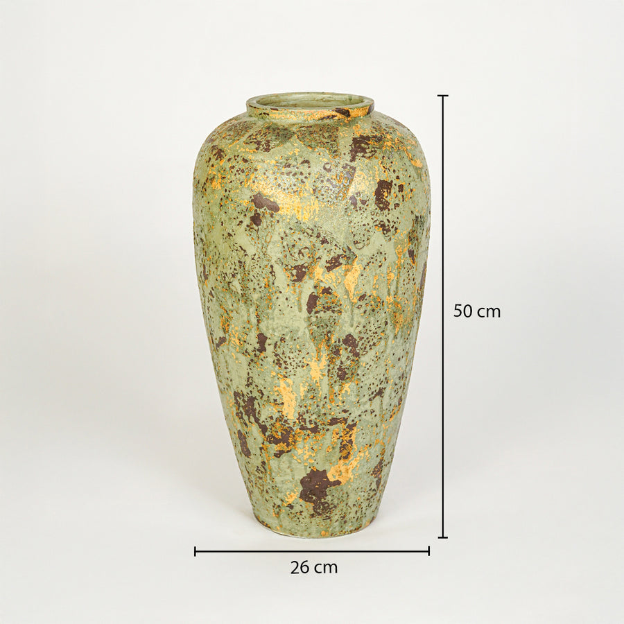 Dimension image of green ceramic floor vase for elegant interior decor styling with textured artistic finish.