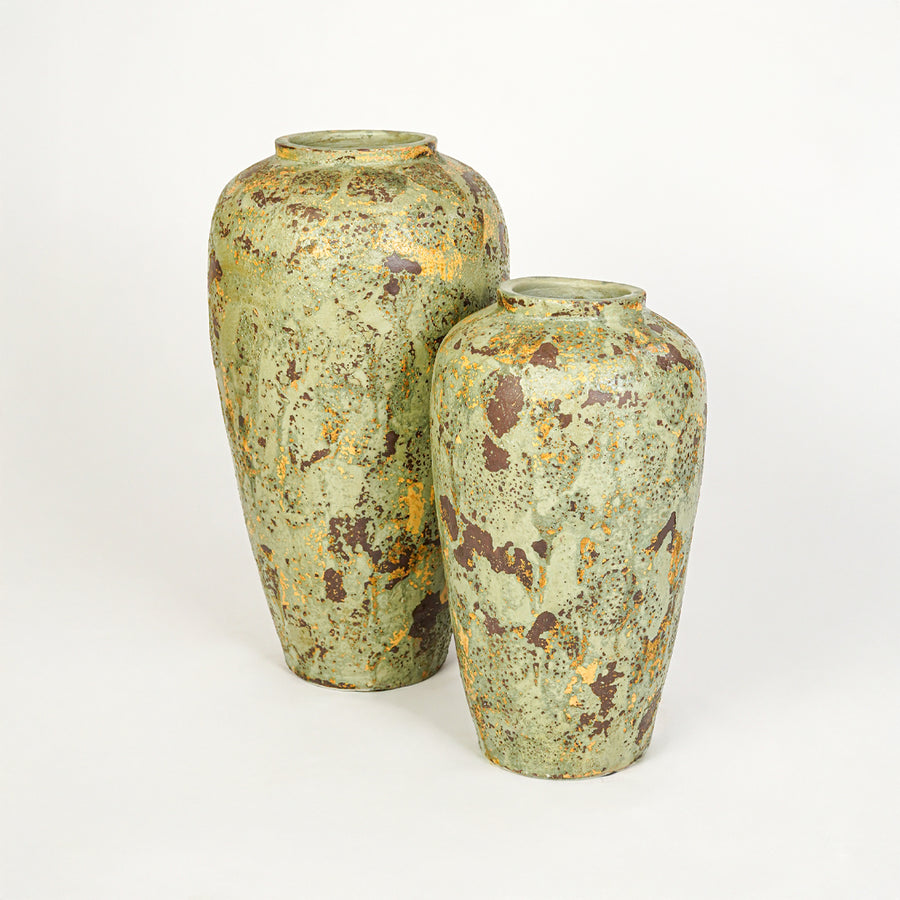 White background image of green ceramic vase set for elegant floor decor styling with textured finish.