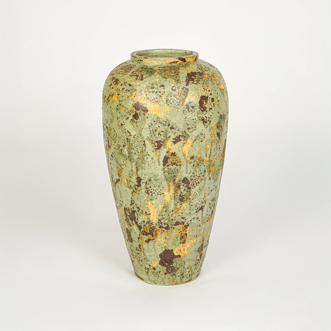 White background image of green ceramic decorative vase for modern floor placement with textured rustic finish.