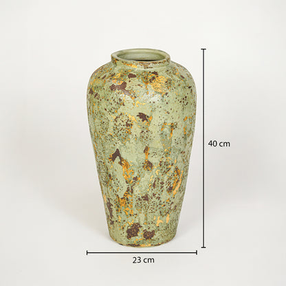 Dimension image of green ceramic floor vase for elegant home decor styling with artistic textured finish.
