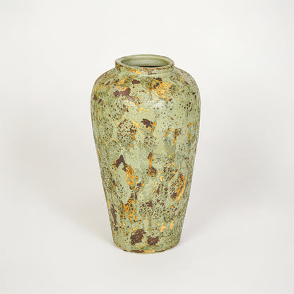 White background image of green ceramic floor vase for elegant interior decor styling with textured artistic finish.