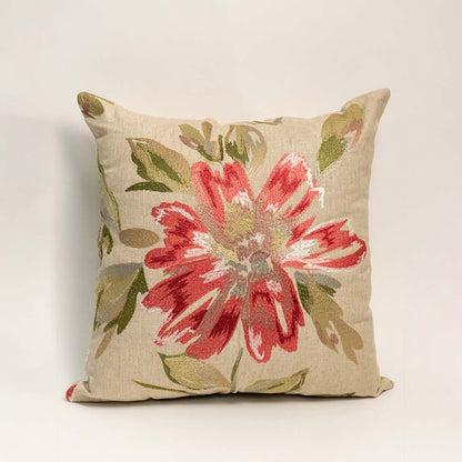 White background image displays square beige cushion cover with red and green floral design perfect for sofa bed chair decor.