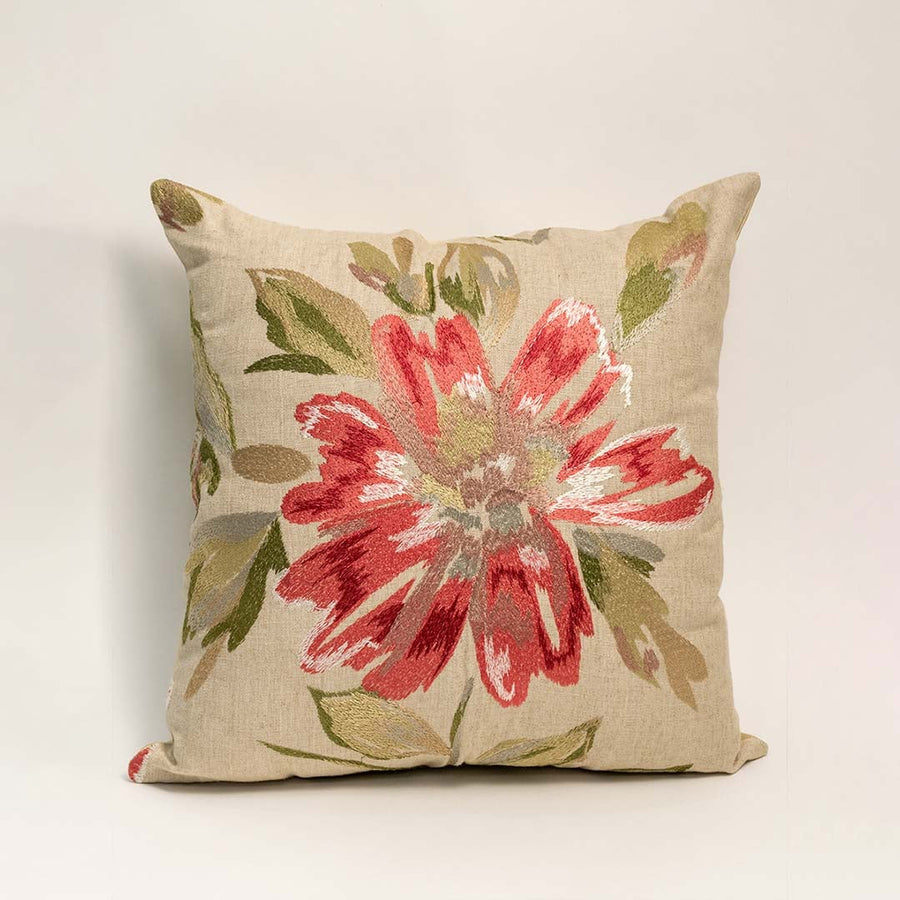 White background image displays square beige cushion cover with red and green floral design perfect for sofa bed chair decor.