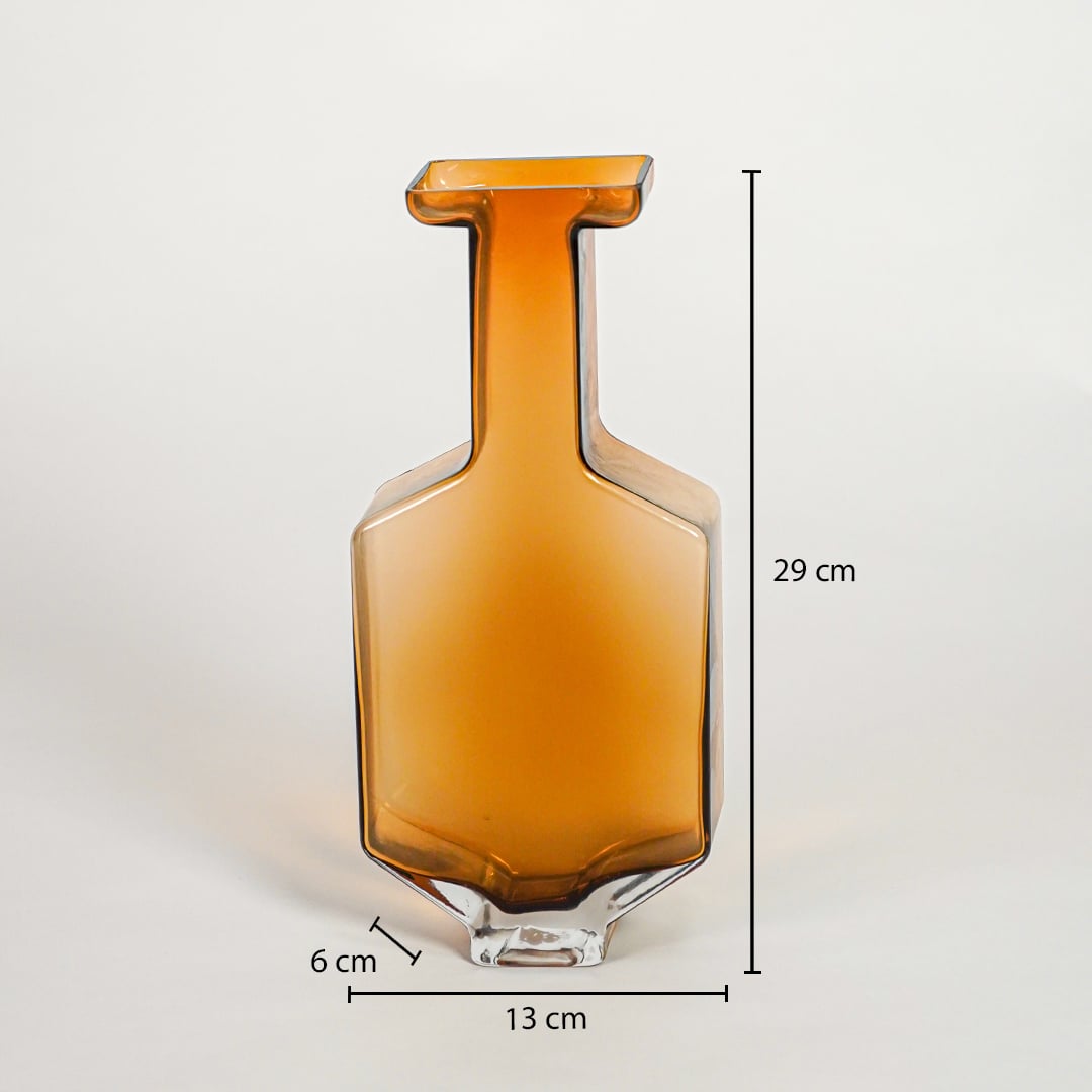 Amber art glass vase dimension image showing 29 cm height 13 cm width and 6 cm depth decorative glass accent for table styling.