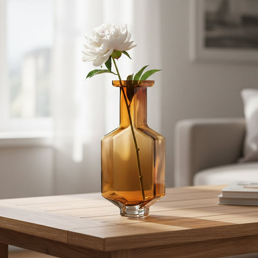 Amber art glass vase styled on living room console modern decorative glass accent for shelf table or center styling home.