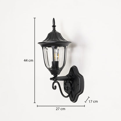 Black outdoor wall lantern 44cm height 17cm width upward facing dimension image showing vintage coach style exterior fixture.