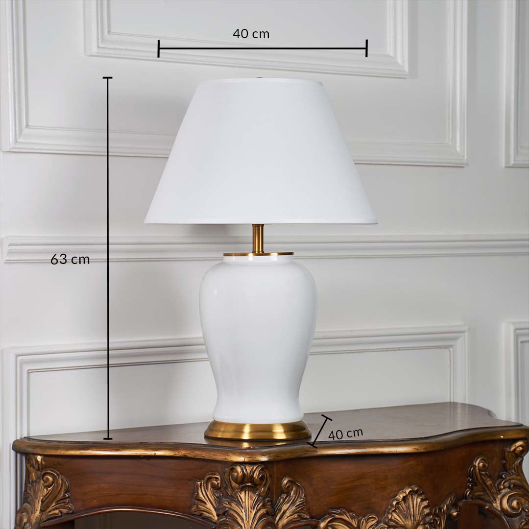 White ceramic table lamp dimensions — 63 cm height and 40 cm shade width — perfect for bedside or console table lighting setup.