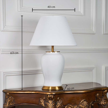White ceramic table lamp dimensions — 63 cm height and 40 cm shade width — perfect for bedside or console table lighting setup.