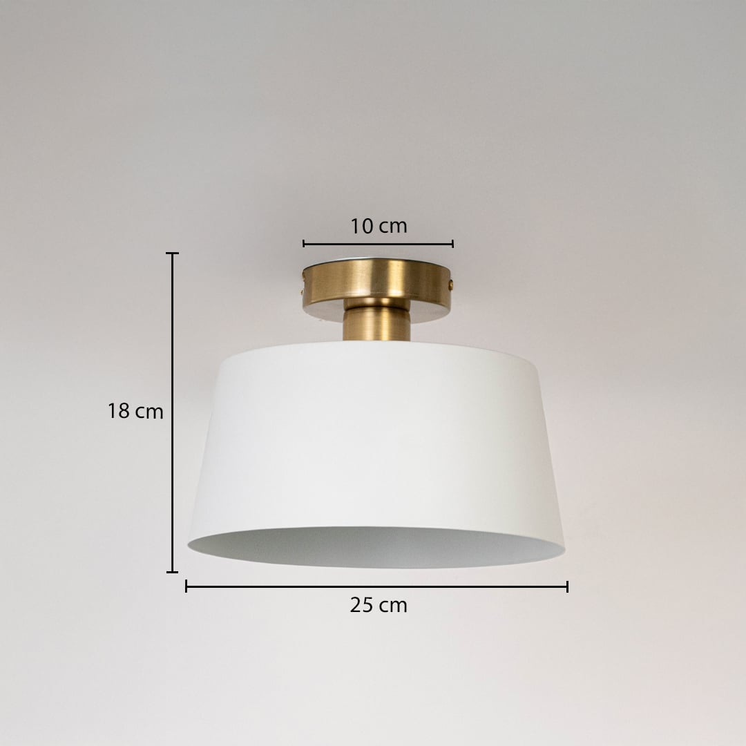 White semi flush ceiling light with gold holder dome shape fixture showing size 25 cm width and 18 cm height for accurate fit.