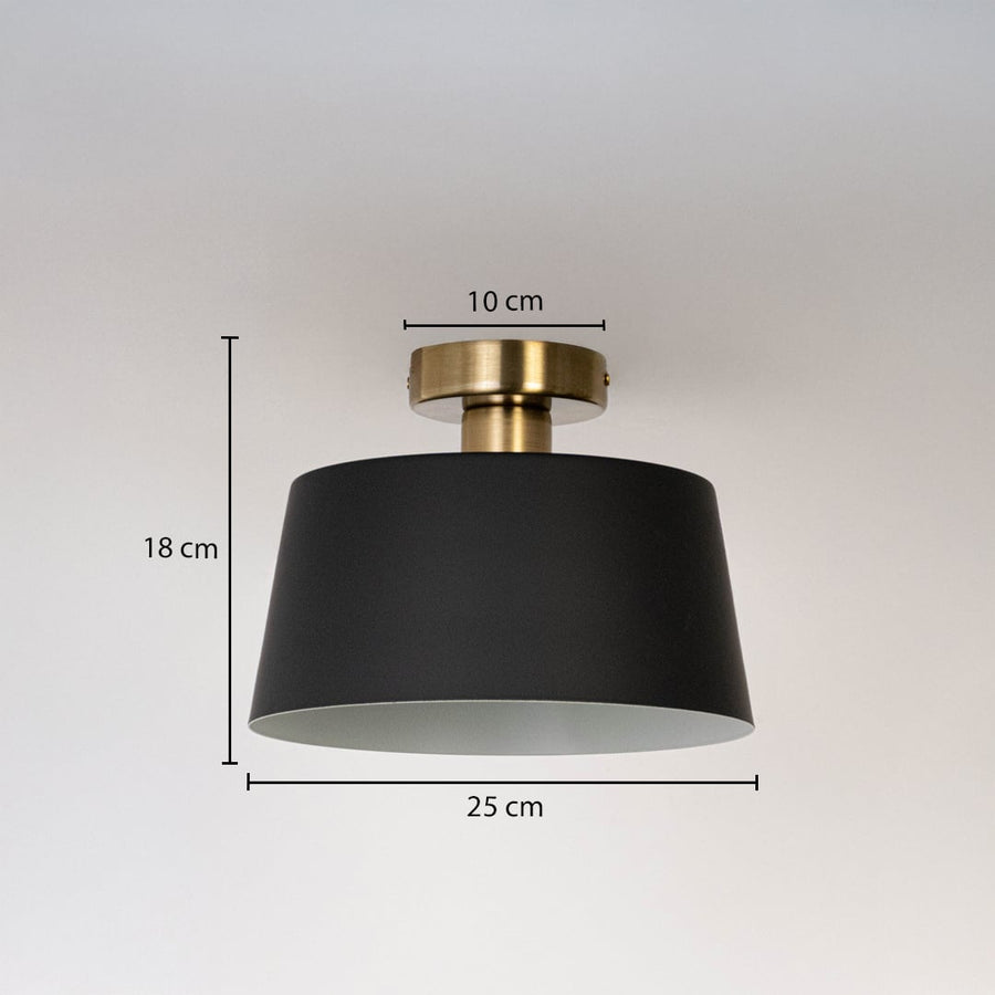 Black ceiling light with gold base and drum shade shown with dimensions 25cm width and 18cm height for modern ceiling decor.