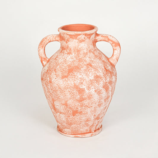 White background image of peach ceramic decorative vase for elegant tabletop decor styling with rustic finish.