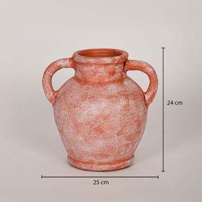 Terracotta ceramic vase shown with 24 cm height and 25 cm width measurements for accurate tabletop placement planning.