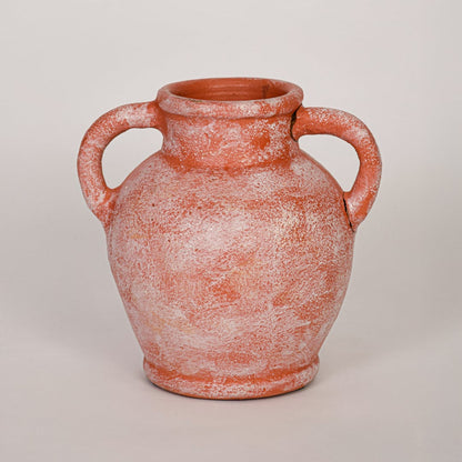 Decorative terracotta ceramic vase with antique white washed texture shown on white background emphasizing artisanal appeal.