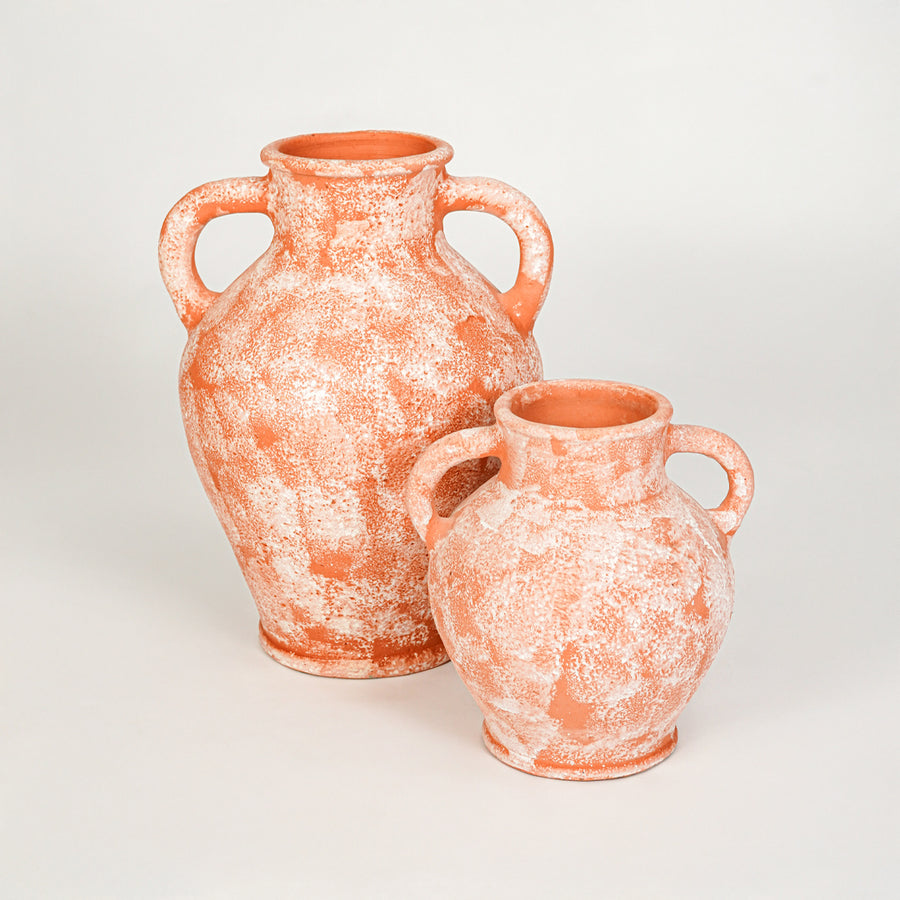 White background image of peach ceramic vase set for modern tabletop decor styling with rustic artistic finish.