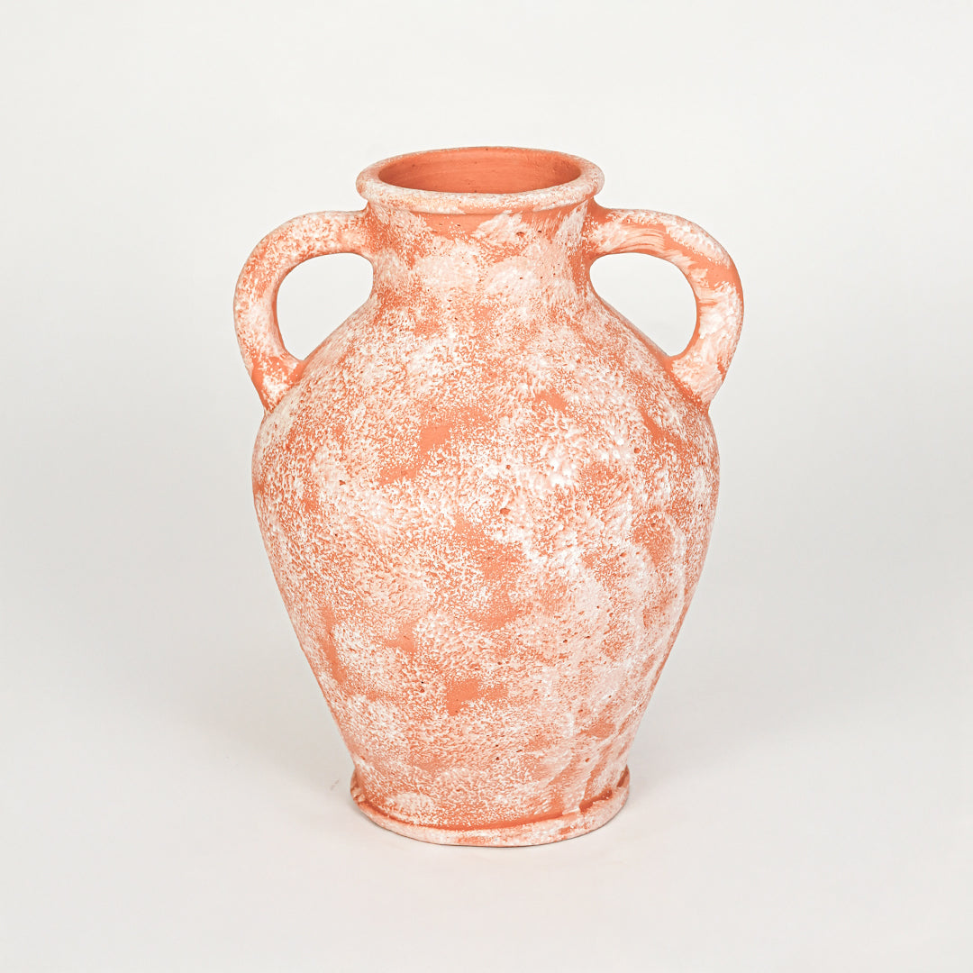 White background image of peach ceramic decorative vase for elegant tabletop decor styling with rustic finish.