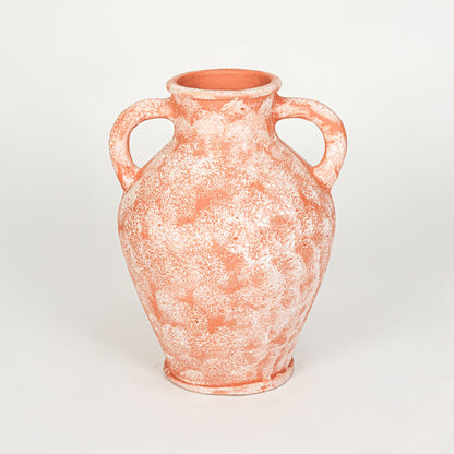 White background image of peach ceramic decorative vase for elegant tabletop decor styling with rustic finish.