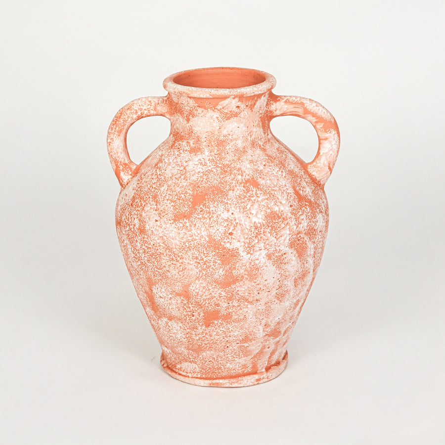 White background image of peach ceramic decorative vase for elegant tabletop decor styling with rustic finish.