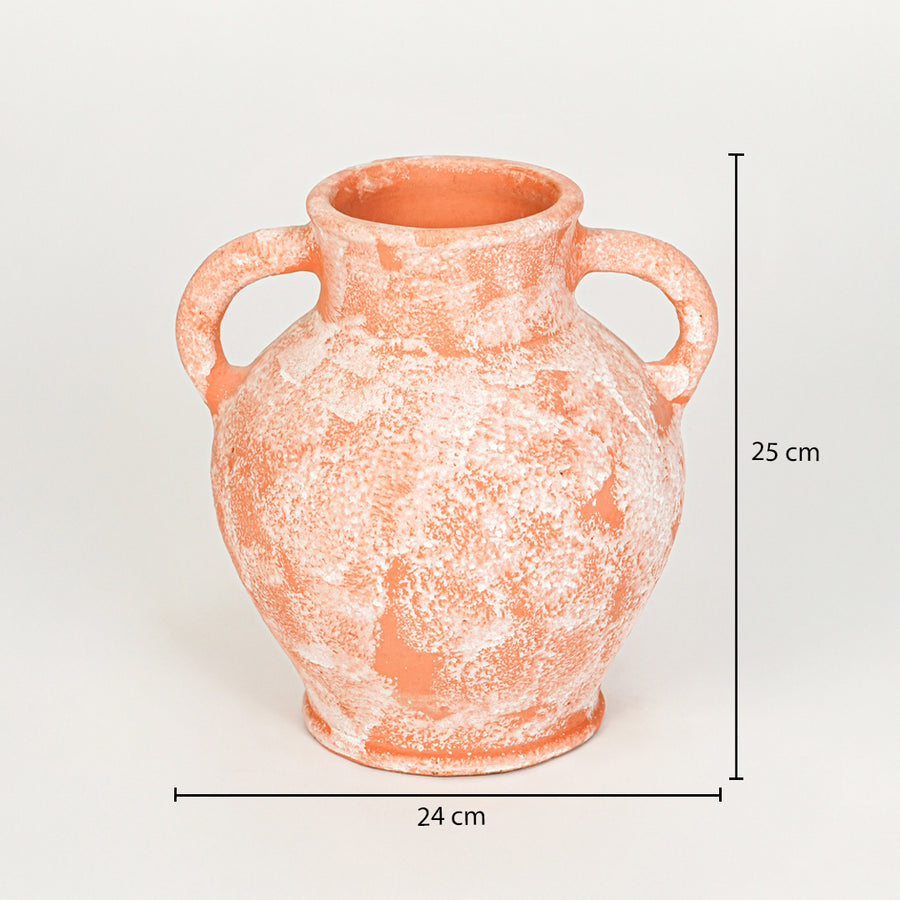 Dimension image of peach ceramic handle vase measuring 25 cm for elegant tabletop decor with rustic finish.