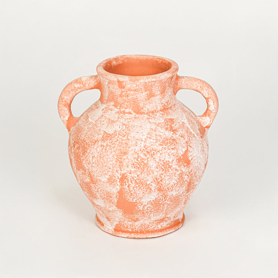 White background image of peach ceramic decorative vase for elegant interior decor styling with artistic finish.