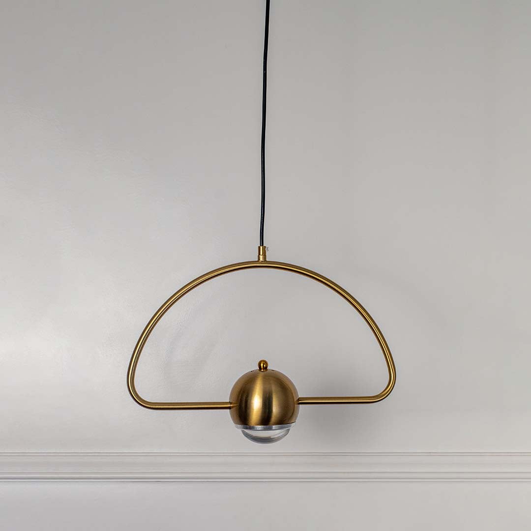Elegant golden arch frame pendant light with dome shaped glass diffuser modern ceiling lamp for bedroom and living room decor.