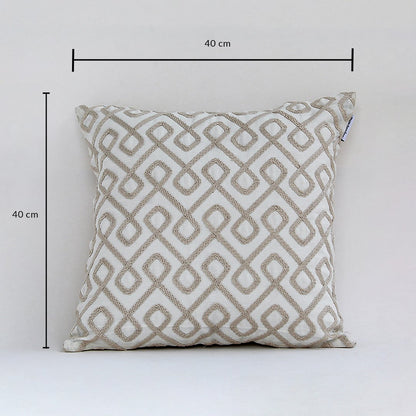 White cotton cushion cover with beige geometric pattern showing product dimensions for accurate size reference and styling.