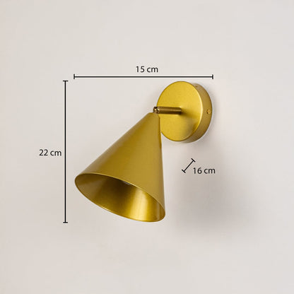 Gold wall sconce shown with 22 cm height 15 cm width and 16 cm depth highlighting its compact modern cone shaped lighting design for interior home decor.