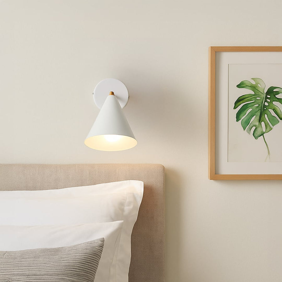 Contemporary white wall mounted lamp with a smooth cone shade providing warm accent illumination that enhances modern interior home decor spaces.