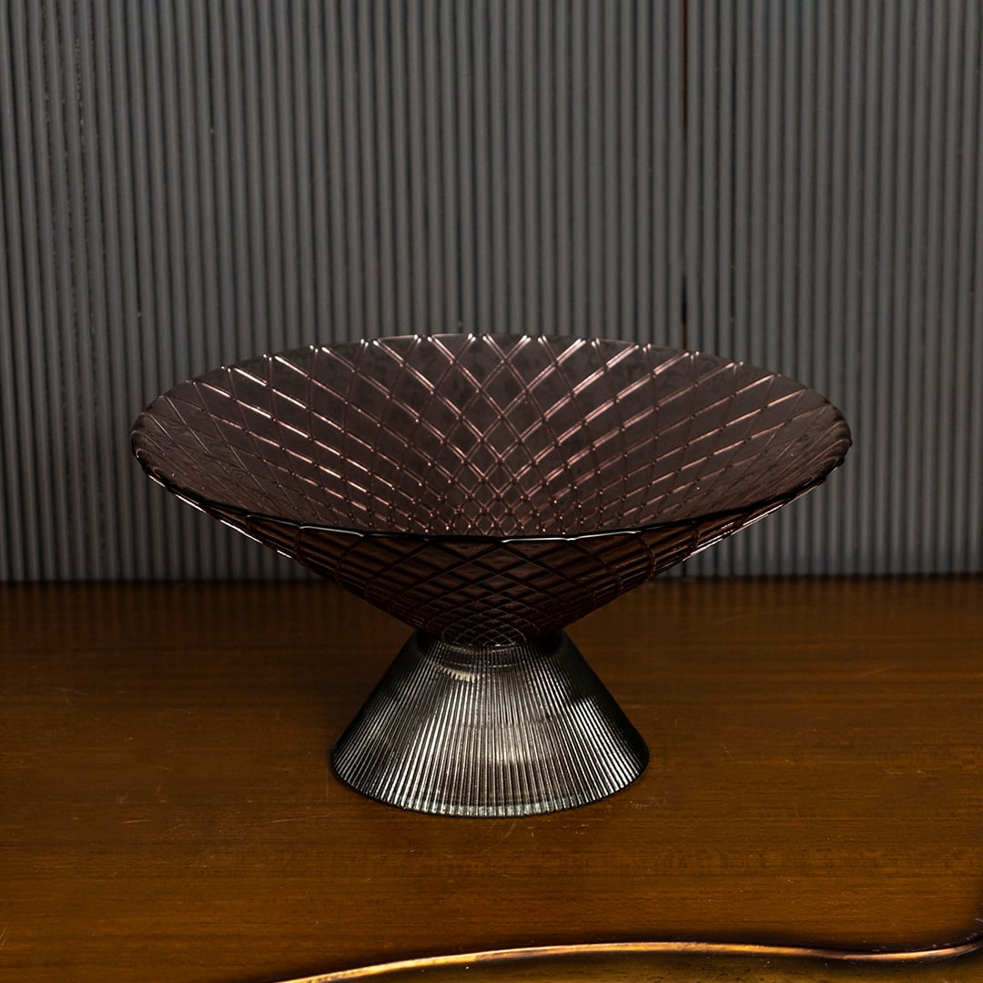 Elegant smoky brown textured glass bowl with conical ribbed stand shown on plain white background for minimal aesthetic appeal.