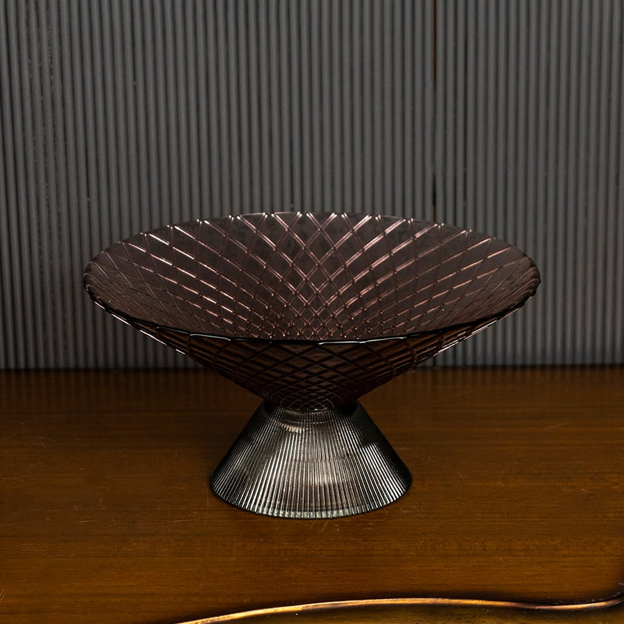 Elegant smoky brown textured glass bowl with conical ribbed stand shown on plain white background for minimal aesthetic appeal.