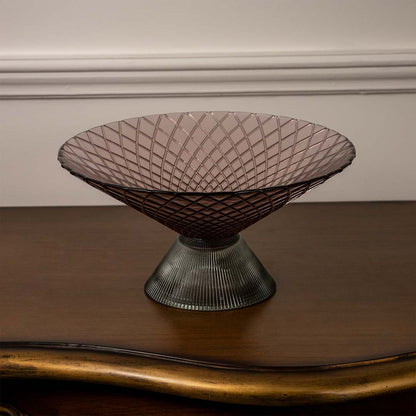 Brown glass centerpiece bowl featuring diamond-cut detailing and ribbed conical base highlighted on clean white backdrop.