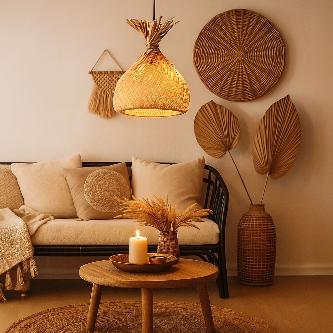 Boho tiered woven cane pendant light hanging in a cozy living room with cream sofa macrame wall art and a round wooden coffee table in daytime.