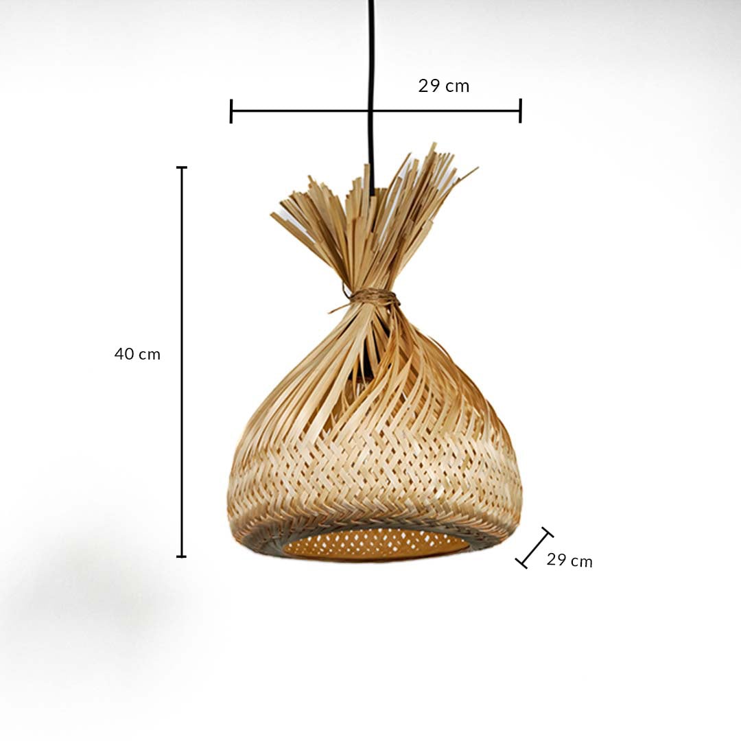 Natural rattan pendant light with knotted top displaying 42 cm height 30 cm width and 22 cm depth for boho style ceiling decor.