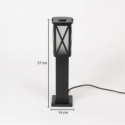 Pillar light dimension image showing X patterned black metal frame with frosted glass shade ideal for outdoor decor.