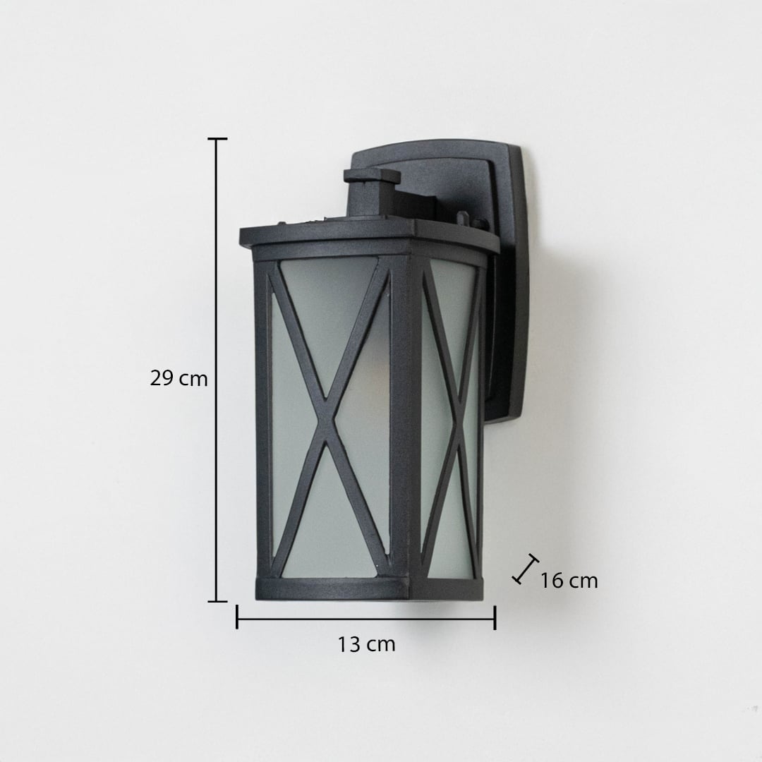Black metal outdoor wall lantern dimension image with 29 cm height and X frame overlay for modern pathway porch decor.