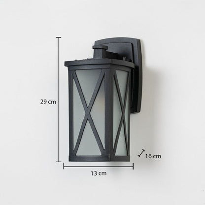 Black metal outdoor wall lantern dimension image with 29 cm height and X frame overlay for modern pathway porch decor.