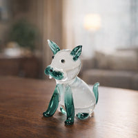 Clear glass decorative fox figurine with green accents for artistic tabletop styling and modern home decor displays.