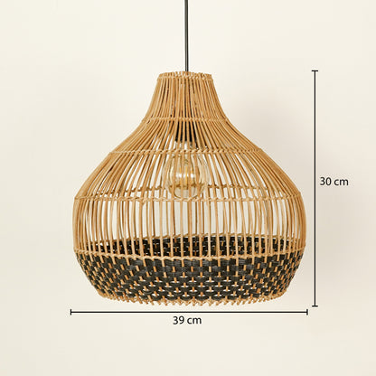 Natural and black rattan pendant light with 35 cm width and 43 cm height for elegant ceiling placement.